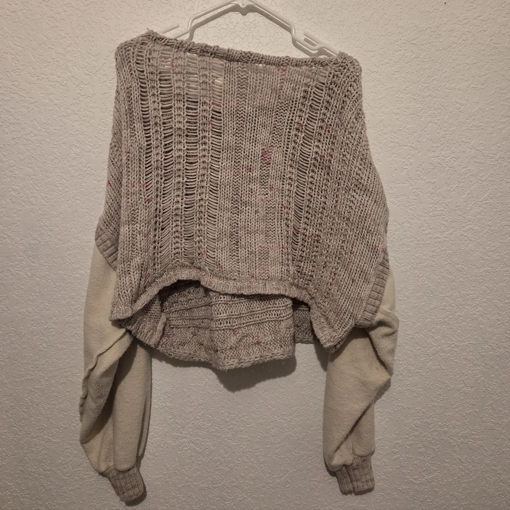 Free People Honey Cable Knit Long Drop Shoulder White Combo Cropped Sweater - M - Picture 10 of 13
